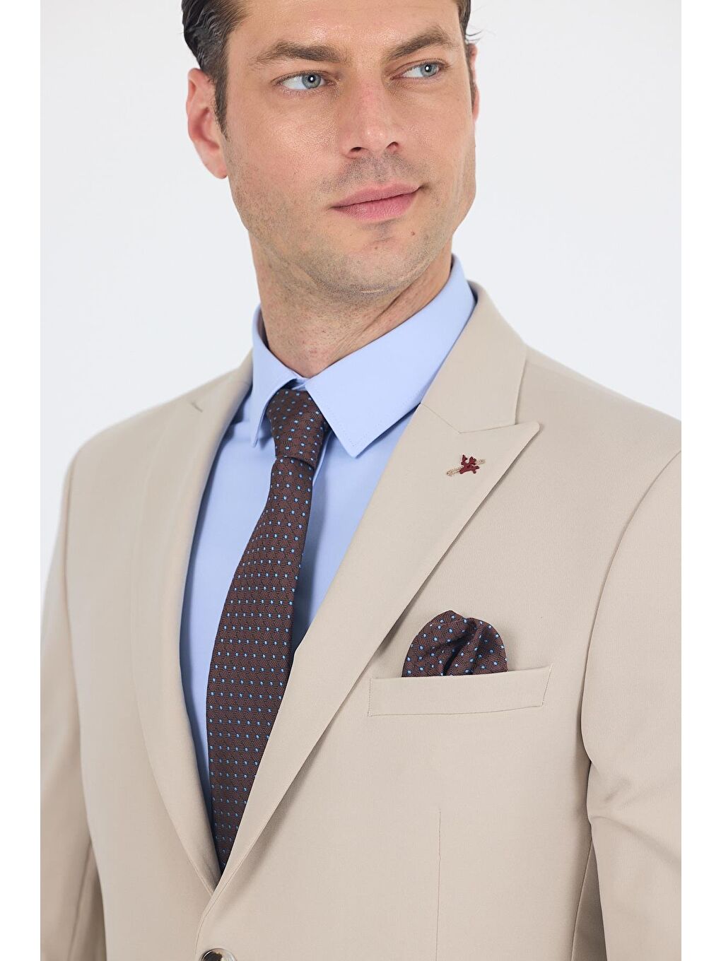 Bej Kırlangıç Yaka Kelebek Astar 6 Drop Slim Fit Beli Lastikli Takım Elbise 1001250176-3