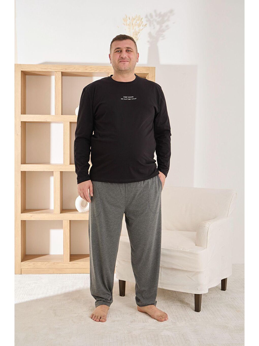 Siyah Erkek %100 Pamuk Uzun Kollu Baskılı Battal Kaliteli Rahat Pijama Takımı