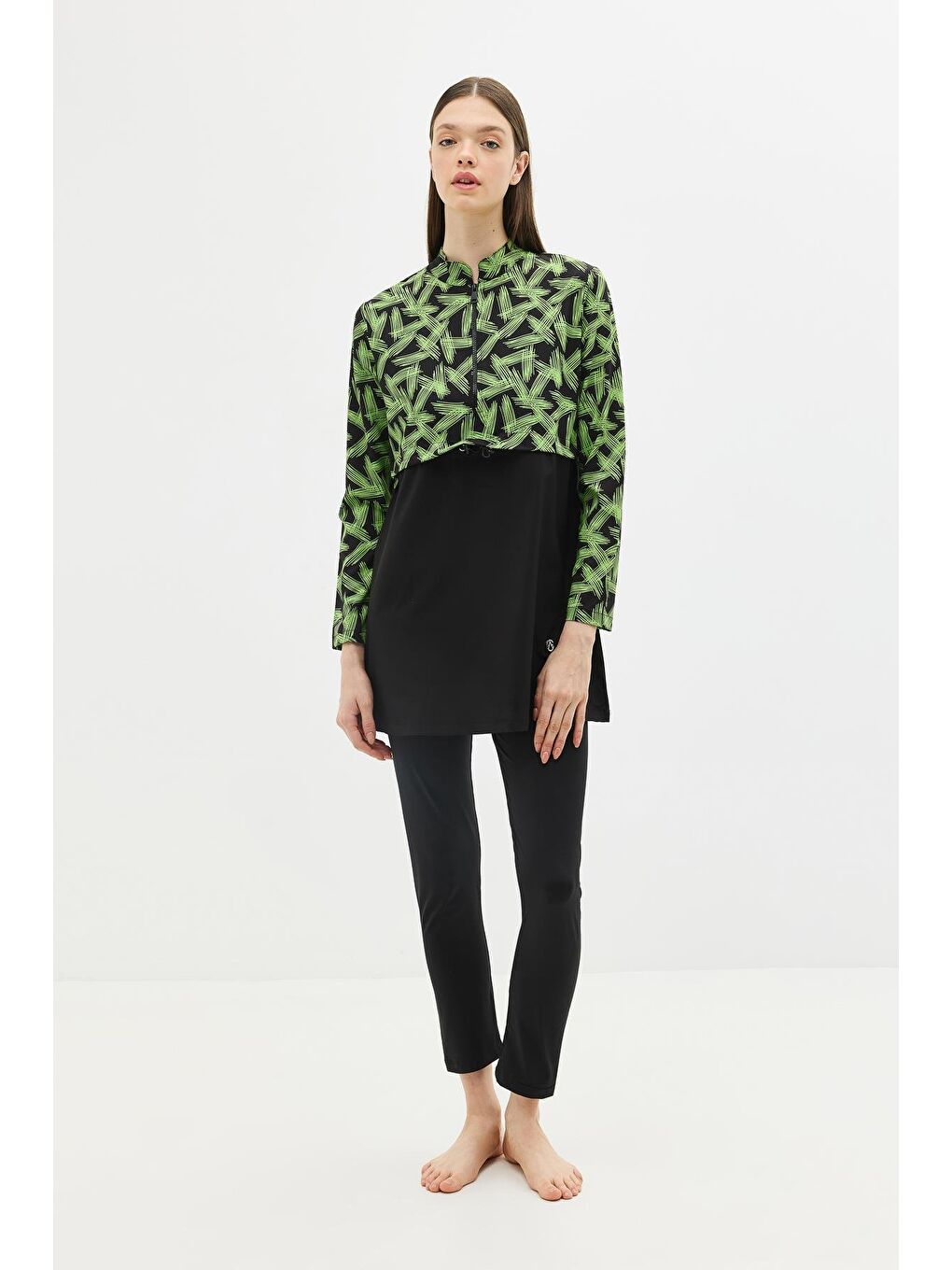 Desenli Belden Büzgülü 4'Lü Tesettür Mayo 6220 Yeşil/Siyah