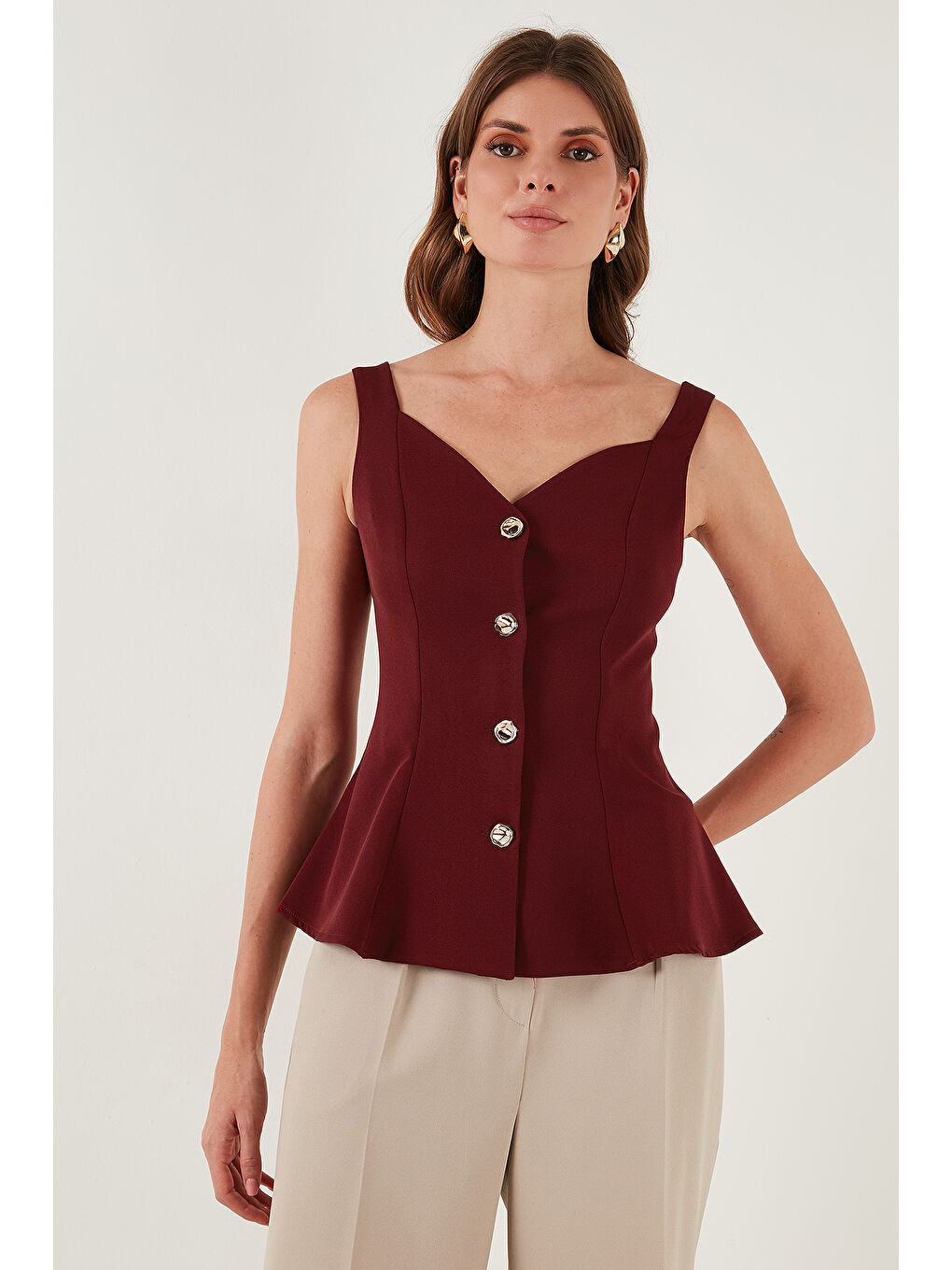 Bordo Fitted Fit V Yaka Düğmeli Yelek 611FYL145-4