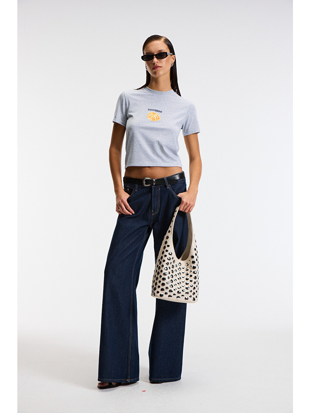 Elvera Kadın %100 Pamuk Comfort Fit Baskılı Kısa Kollu Yuvarlak Yaka Gri Melanj T-shirt