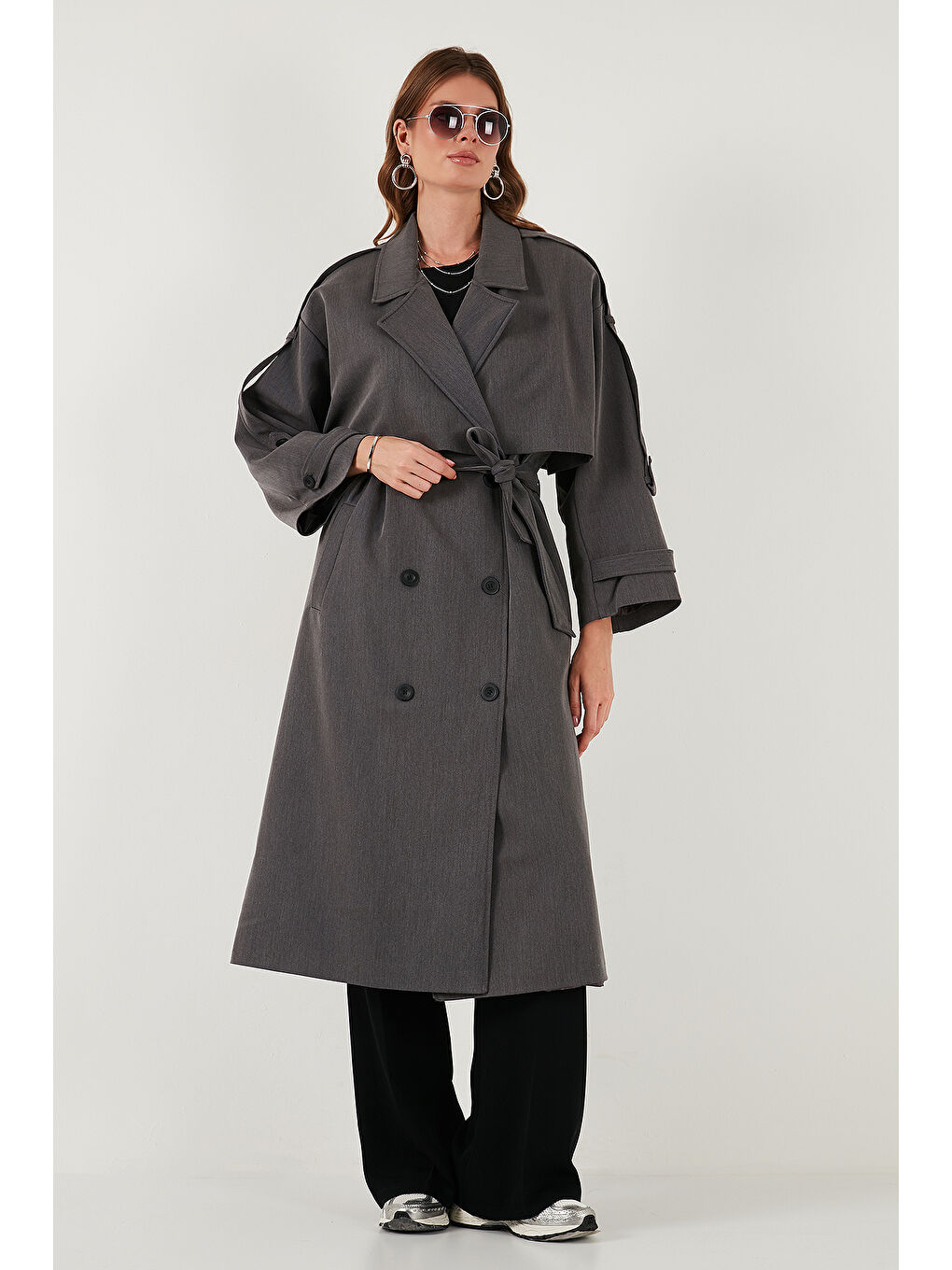Antrasit Oversize Fit Kruvaze Yaka Düğmeli Kemerli Uzun Trençkot 6839476-2
