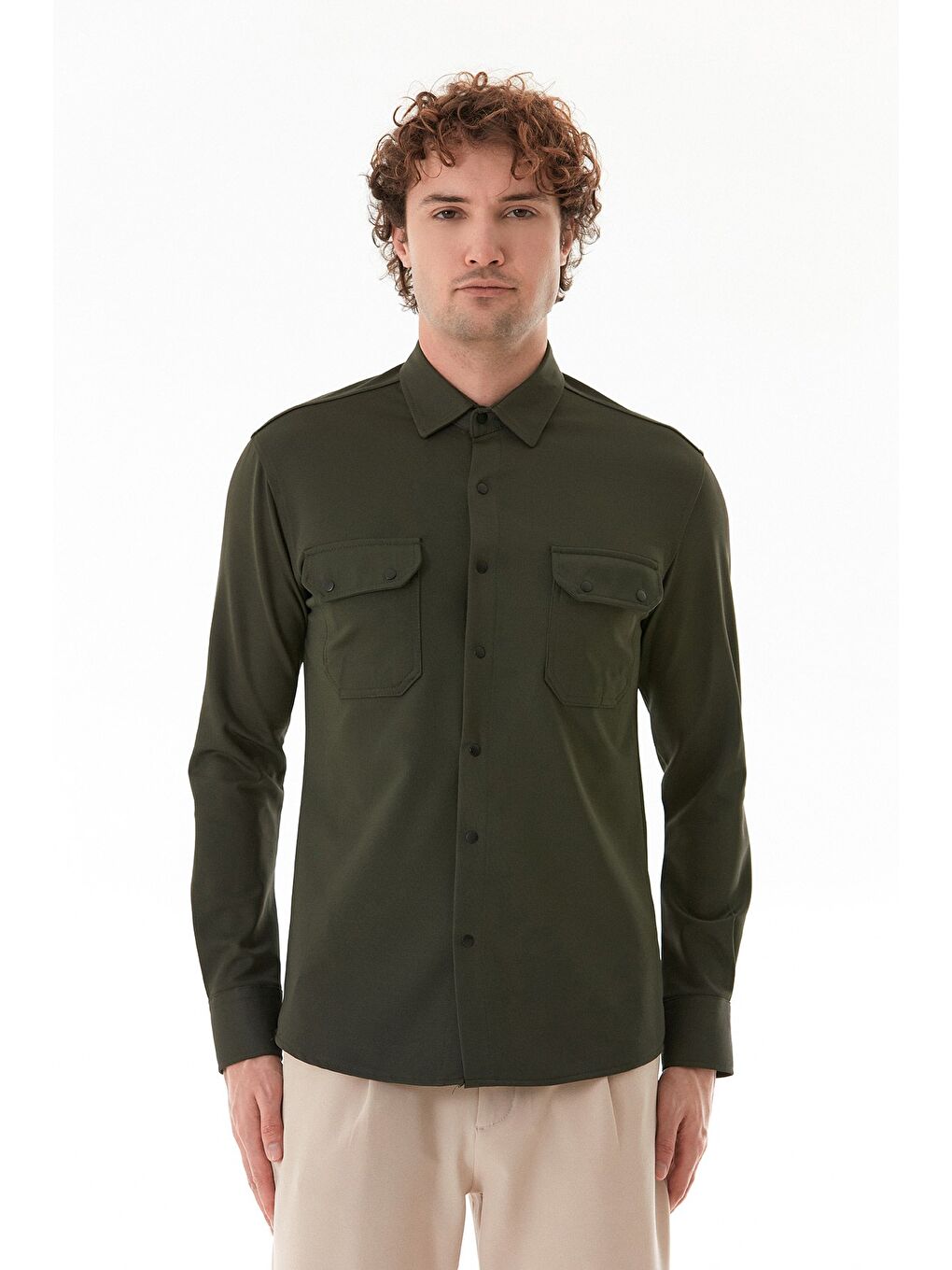 Yeşil Çift Cepli Çıtçıtlı Gömlek-4