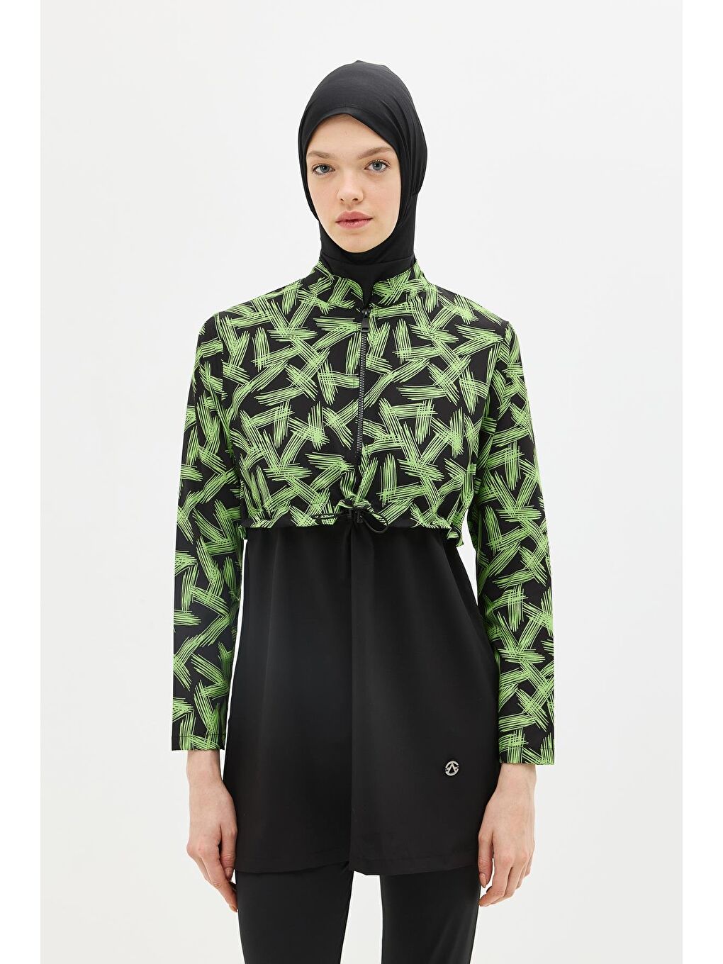 Desenli Belden Büzgülü 4'Lü Tesettür Mayo 6220 Yeşil/Siyah-1