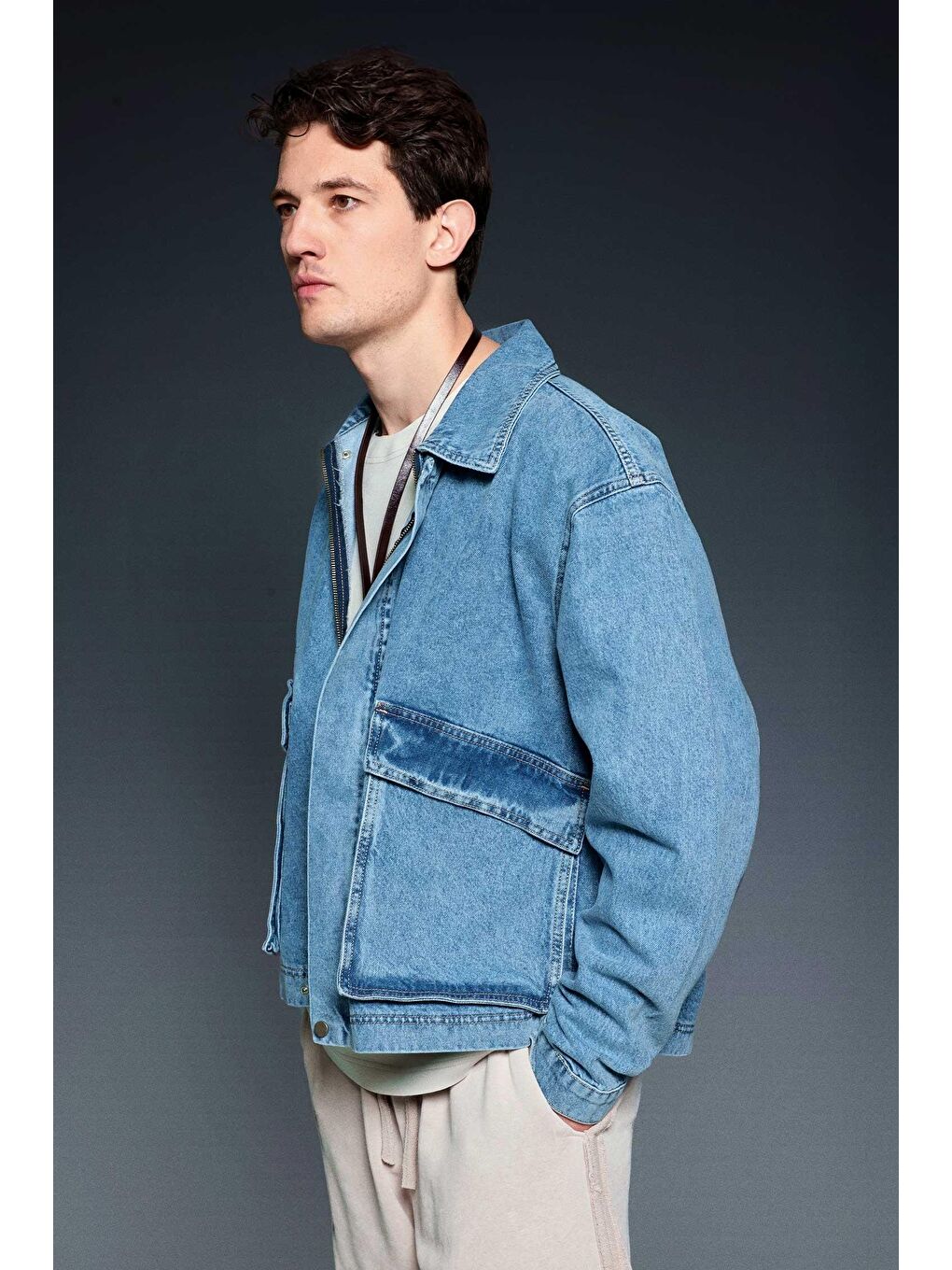 Erkek Oversize Cepli Denim Ceket Mavi-2