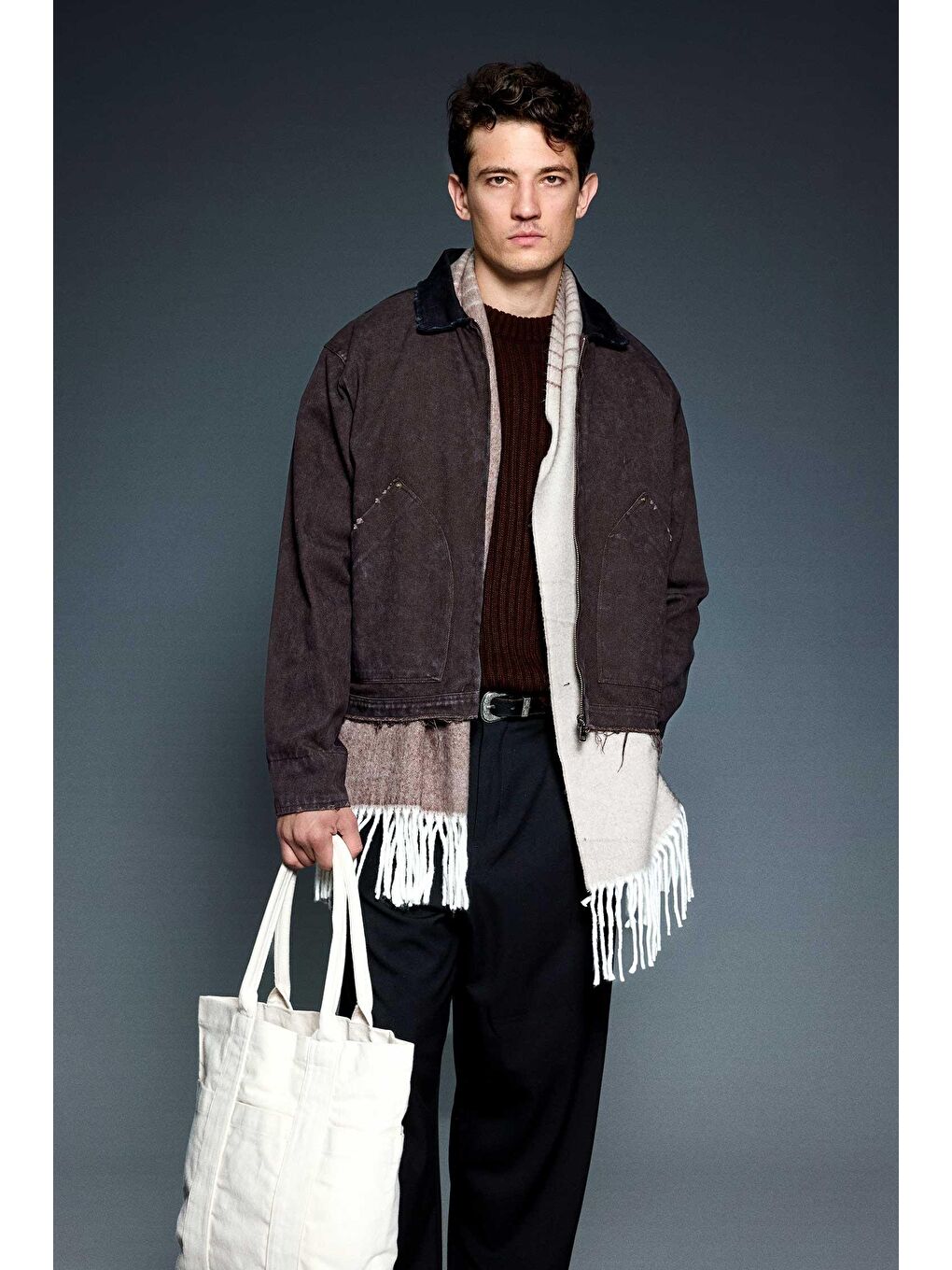 Erkek Kontrast Yaka Yıkamalı Relax Fit Ceket Kahverengi-2