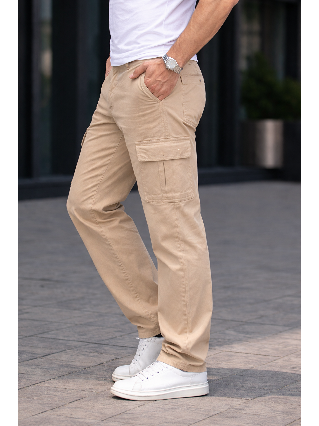 Bej Erkek Trend Bol Paça Günlük Kargo Taş Baggy Pantolon-1