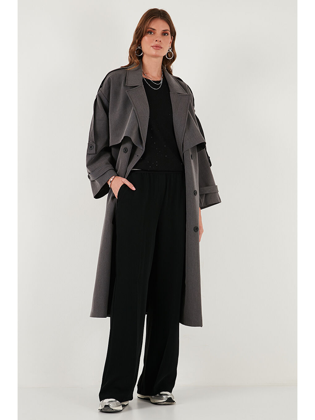 Antrasit Oversize Fit Kruvaze Yaka Düğmeli Kemerli Uzun Trençkot 6839476-3