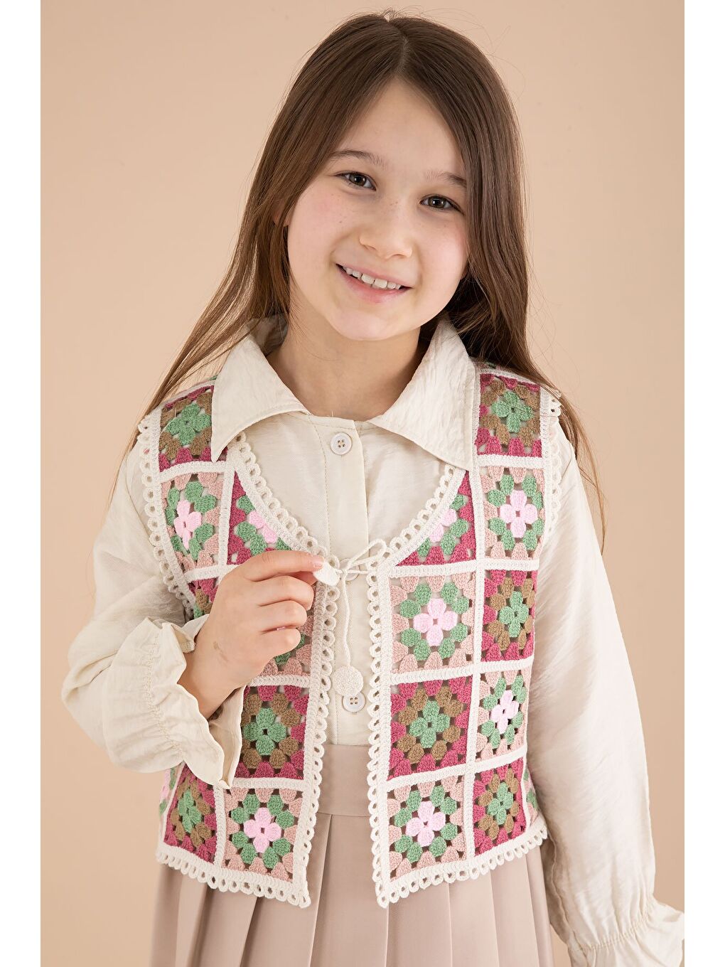 Kahverengi Çiçek Desen Örgü Süveterli Gömlekli Kız Çocuk Etekli 3lü Takım 23583-1