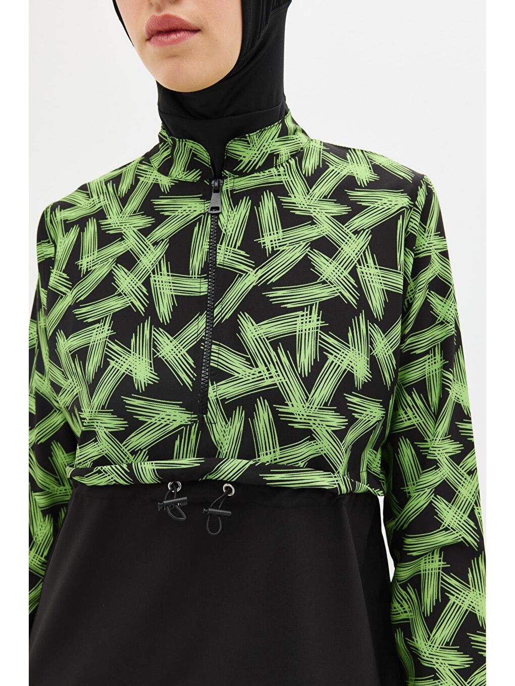 Desenli Belden Büzgülü 4'Lü Tesettür Mayo 6220 Yeşil/Siyah-3