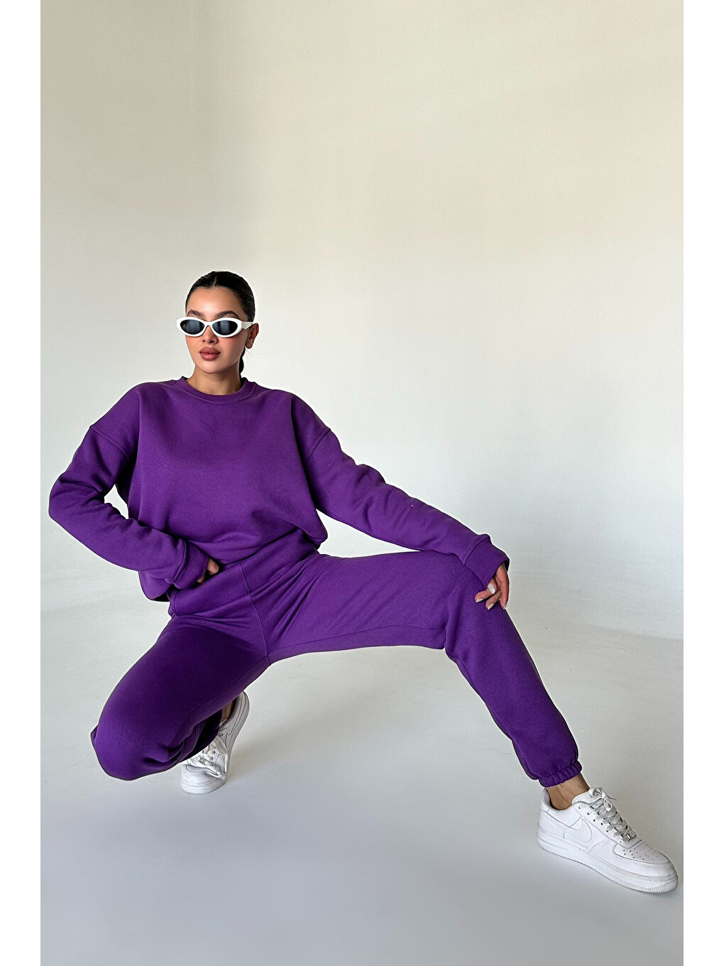 Kadın Erkek Mor Bisiklet Yaka Düz Oversize Alt-Üst Eşofman Takımı-3