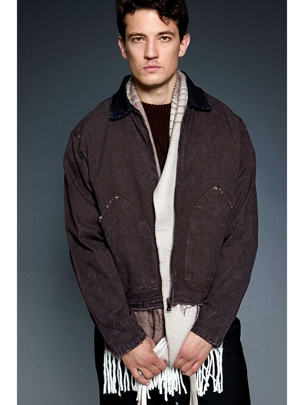 Erkek Kontrast Yaka Yıkamalı Relax Fit Ceket Kahverengi-3