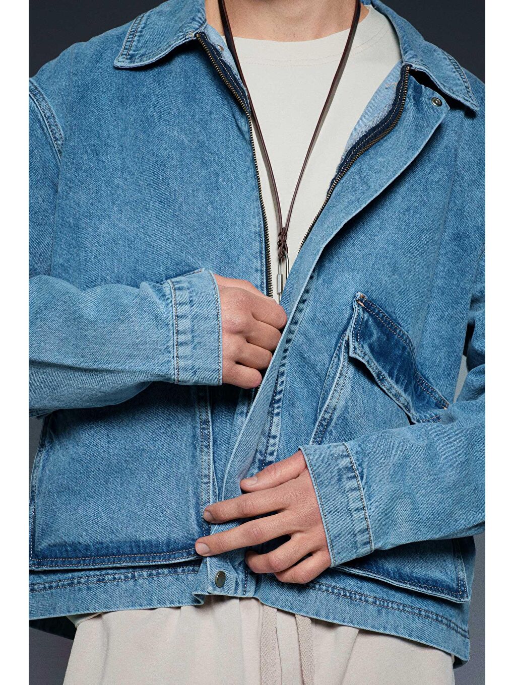 Erkek Oversize Cepli Denim Ceket Mavi-3