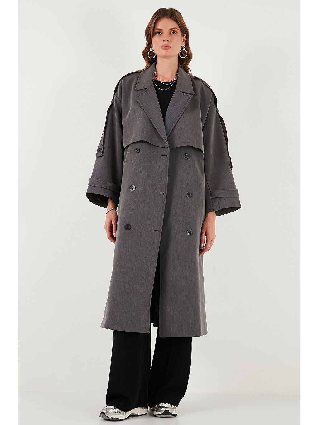 Antrasit Oversize Fit Kruvaze Yaka Düğmeli Kemerli Uzun Trençkot 6839476-4