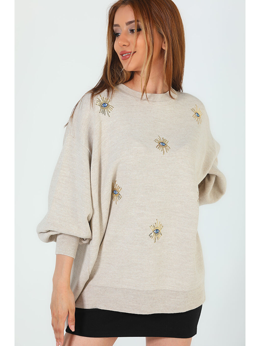 Bej Kadın Bisiklet Yaka Nakışlı Salaş Triko Kazak-1