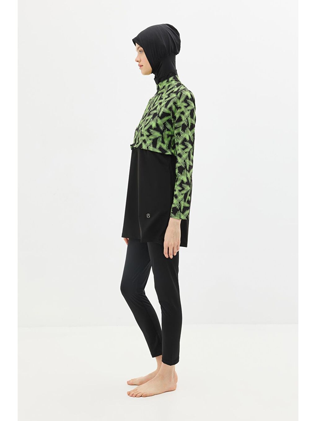 Desenli Belden Büzgülü 4'Lü Tesettür Mayo 6220 Yeşil/Siyah-5