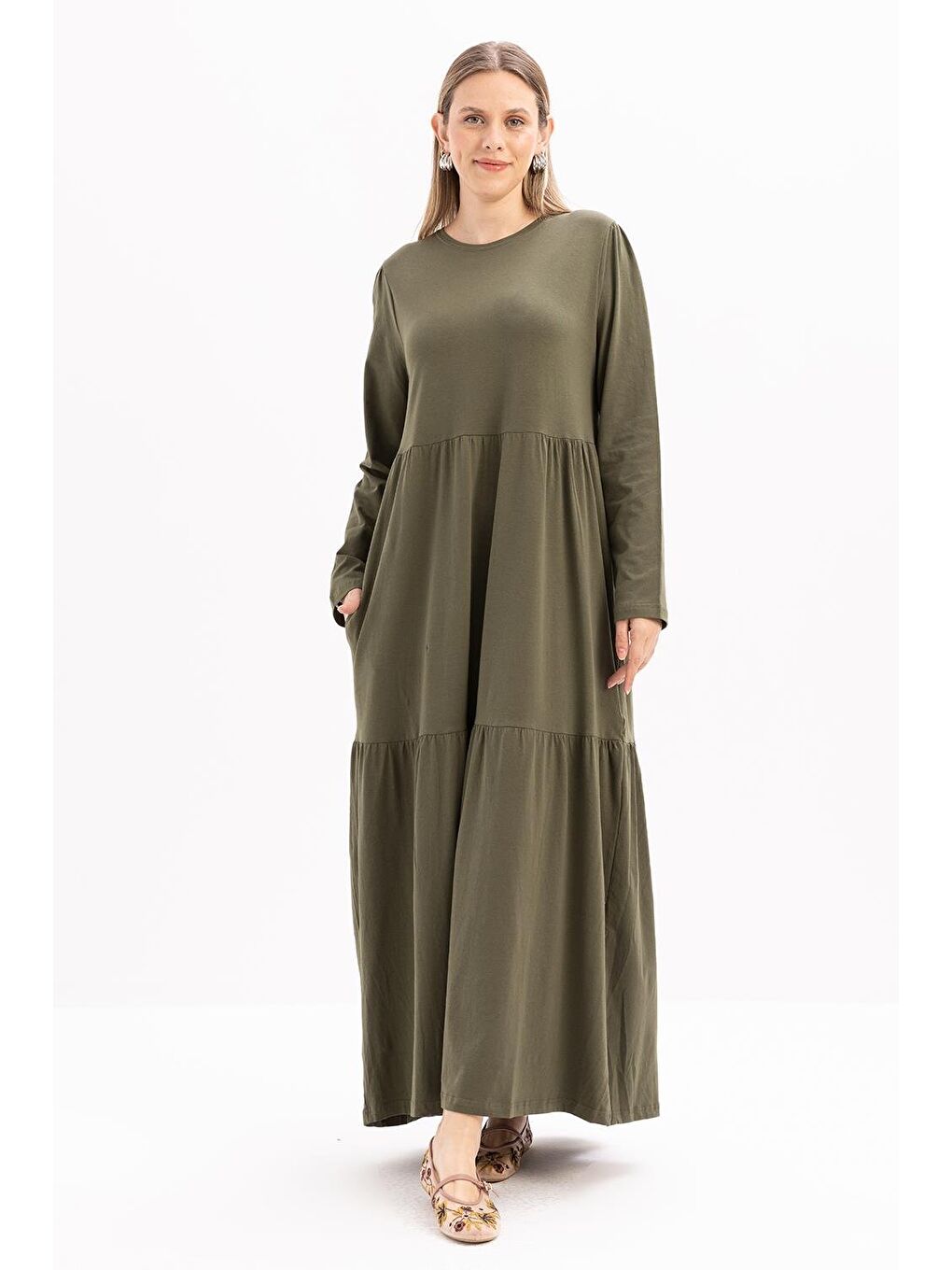 Haki Pamuklu Fırfırlı Cepli Elastanlı Penye Elbise