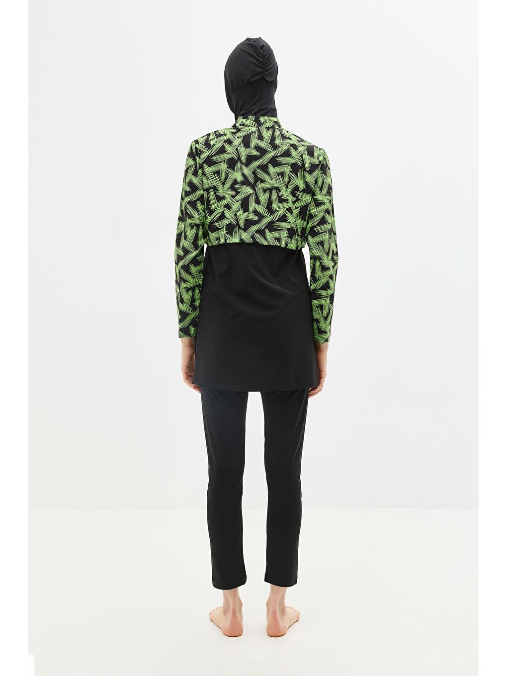 Desenli Belden Büzgülü 4'Lü Tesettür Mayo 6220 Yeşil/Siyah-6