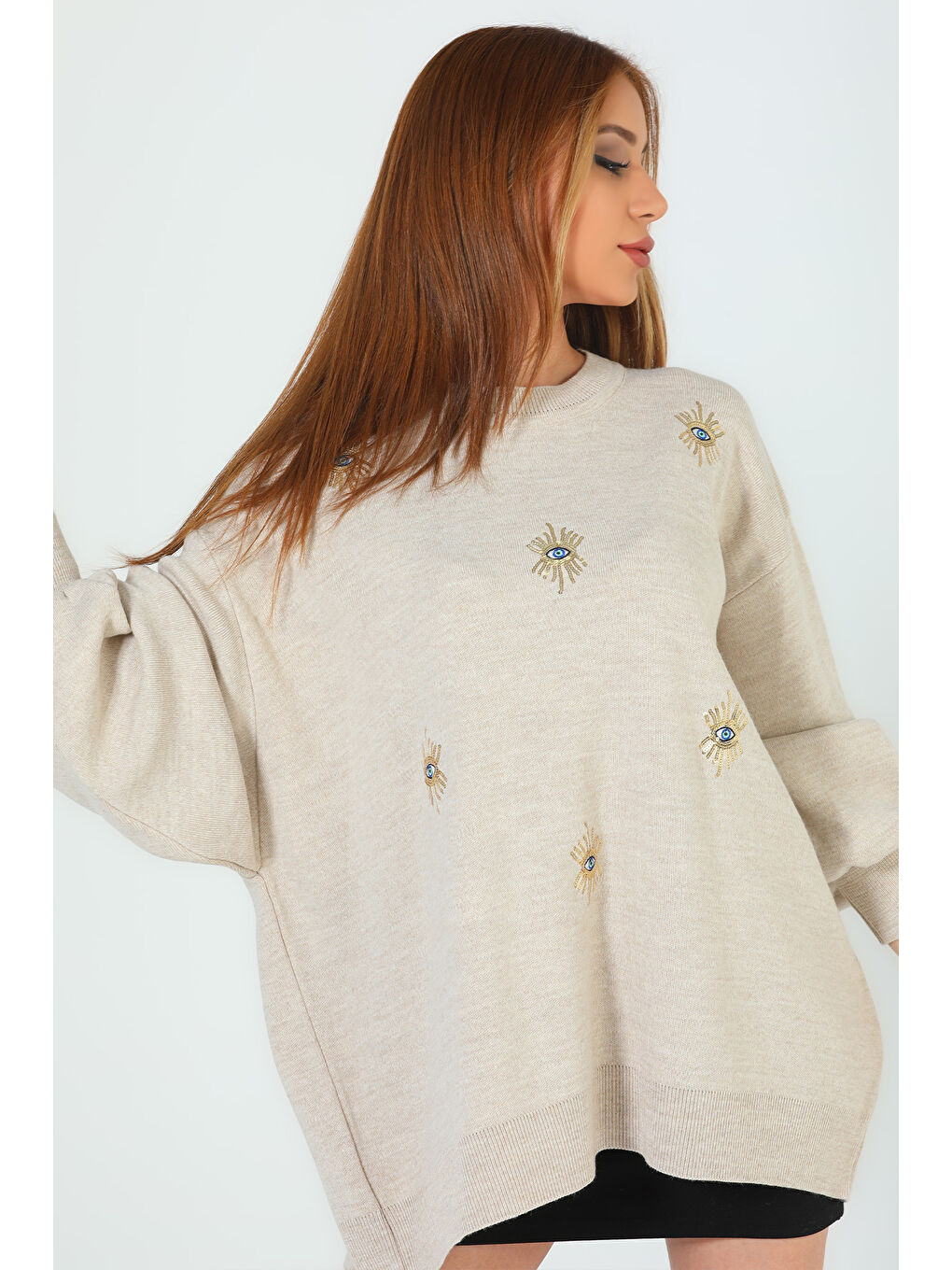 Bej Kadın Bisiklet Yaka Nakışlı Salaş Triko Kazak-2