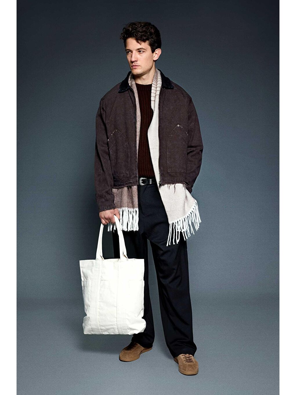 Erkek Kontrast Yaka Yıkamalı Relax Fit Ceket Kahverengi-4