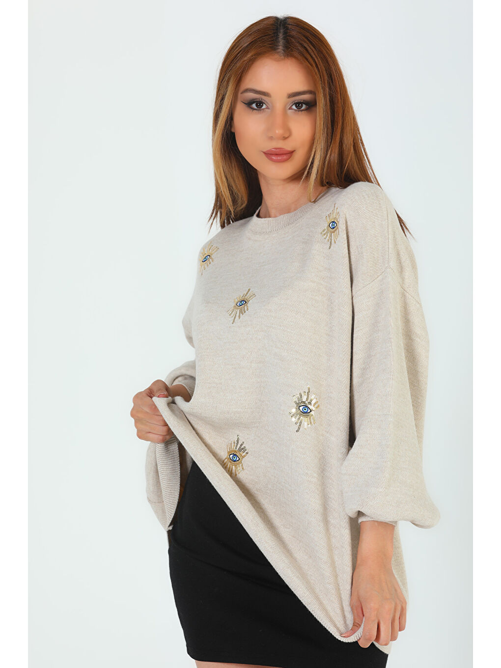 Bej Kadın Bisiklet Yaka Nakışlı Salaş Triko Kazak-3