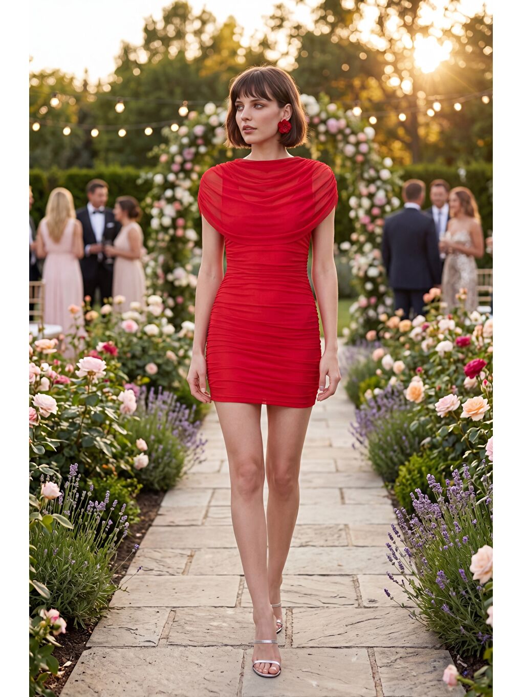 Kadın Kırmızı Büzgülü Mini Tül Elbise-4