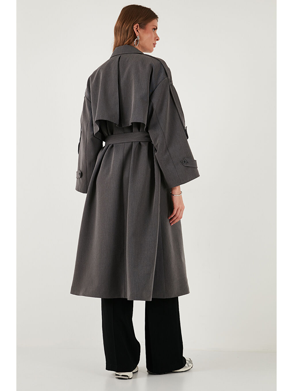 Antrasit Oversize Fit Kruvaze Yaka Düğmeli Kemerli Uzun Trençkot 6839476-6