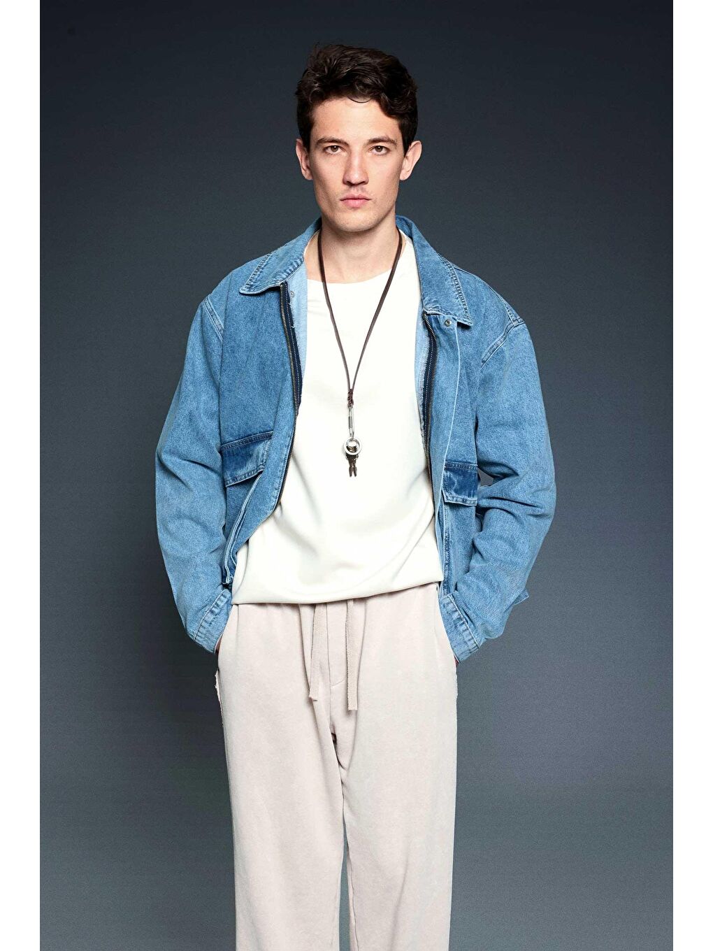 Erkek Oversize Cepli Denim Ceket Mavi-4