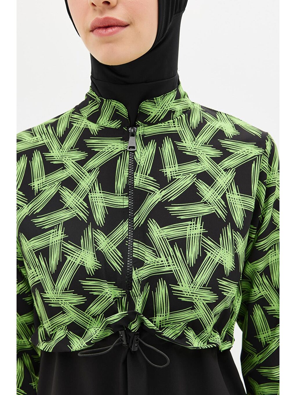 Desenli Belden Büzgülü 4'Lü Tesettür Mayo 6220 Yeşil/Siyah-8