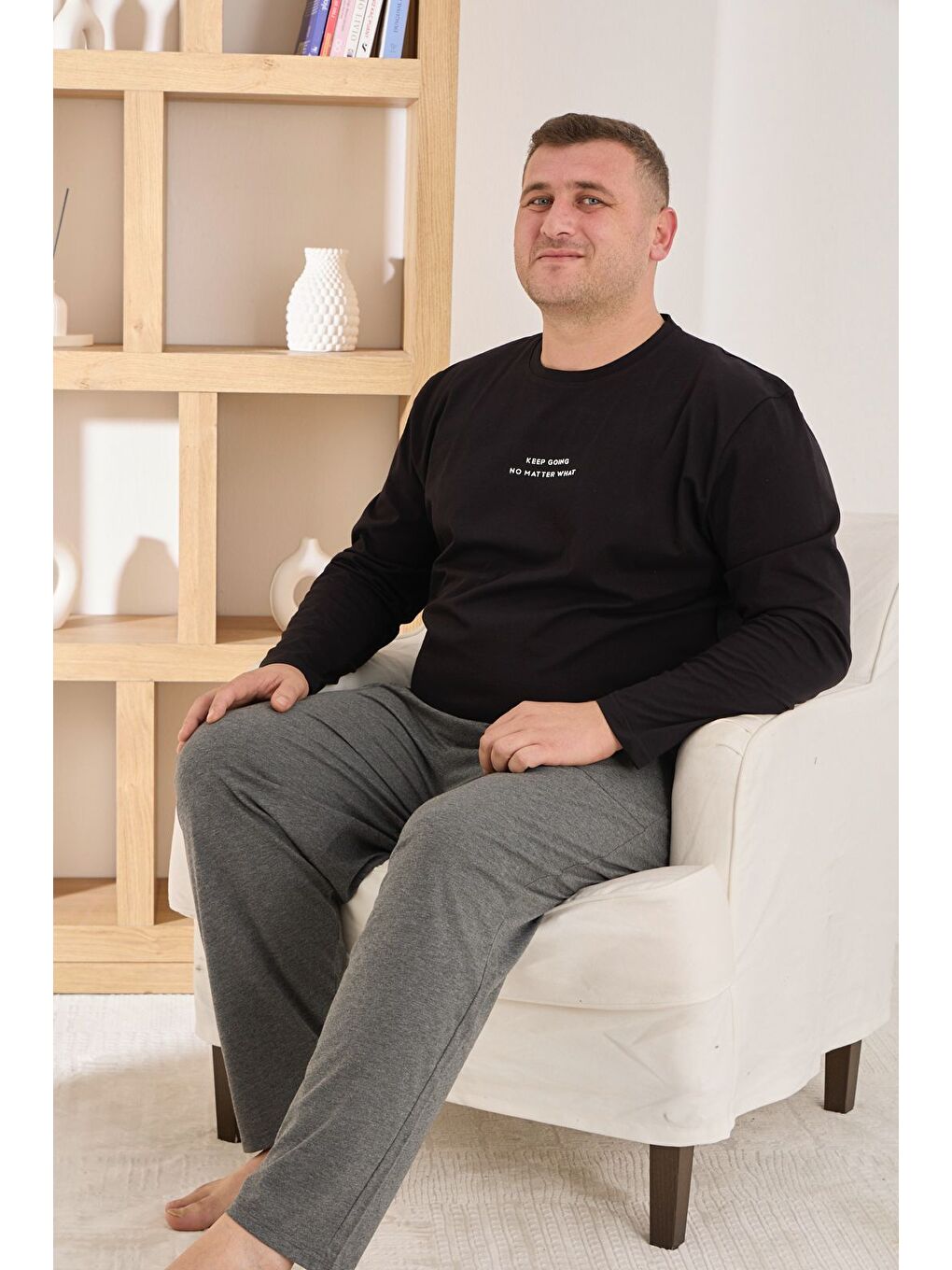 Siyah Erkek %100 Pamuk Uzun Kollu Baskılı Battal Kaliteli Rahat Pijama Takımı-1