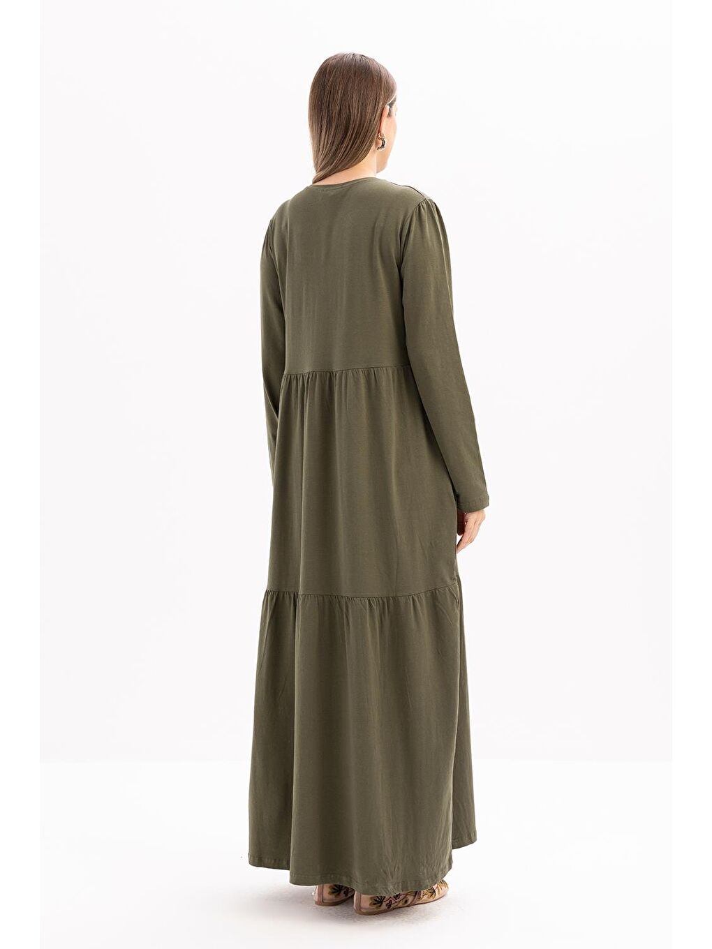 Haki Pamuklu Fırfırlı Cepli Elastanlı Penye Elbise-2