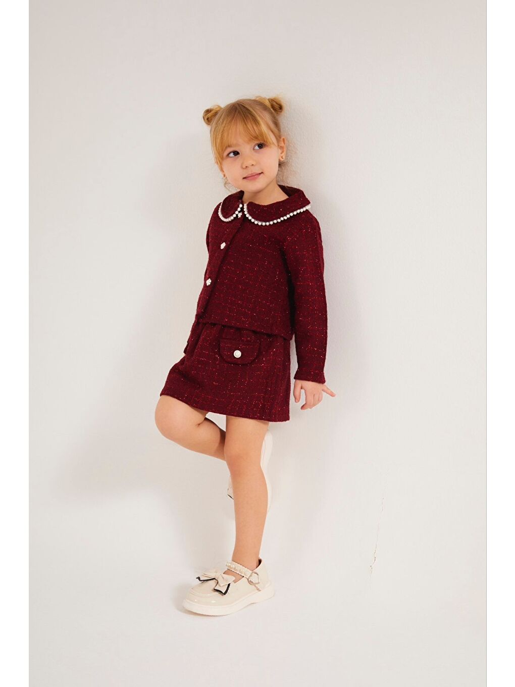 Kırmızı Kız Çocuk Bayramlık İnci Detaylı Ceket & Etek Takım 12477-1