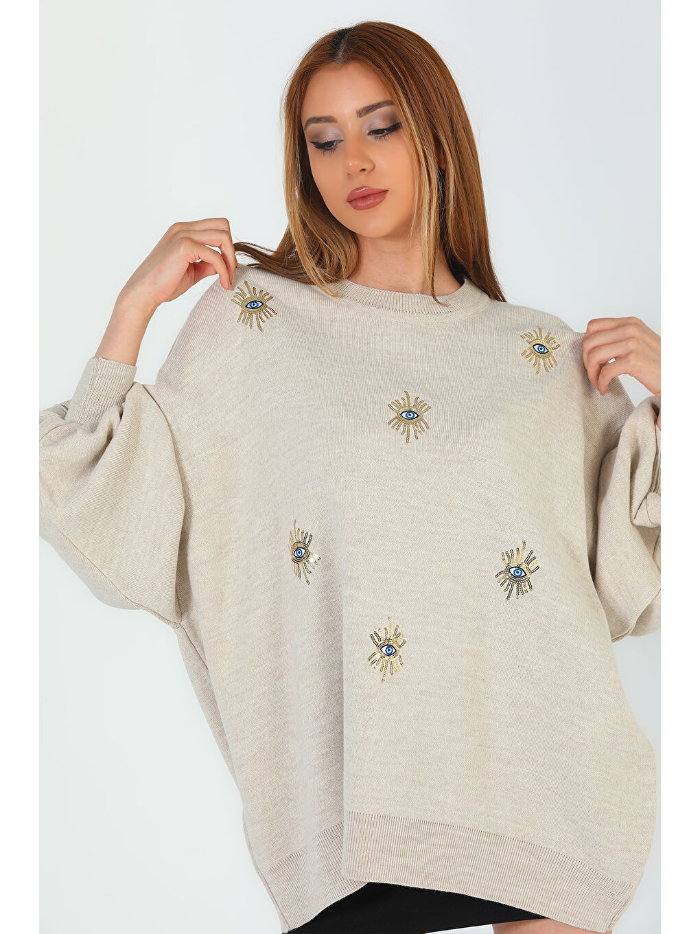 Bej Kadın Bisiklet Yaka Nakışlı Salaş Triko Kazak-4