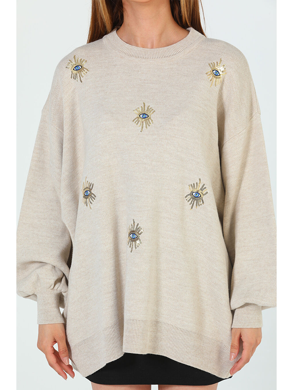 Bej Kadın Bisiklet Yaka Nakışlı Salaş Triko Kazak-5