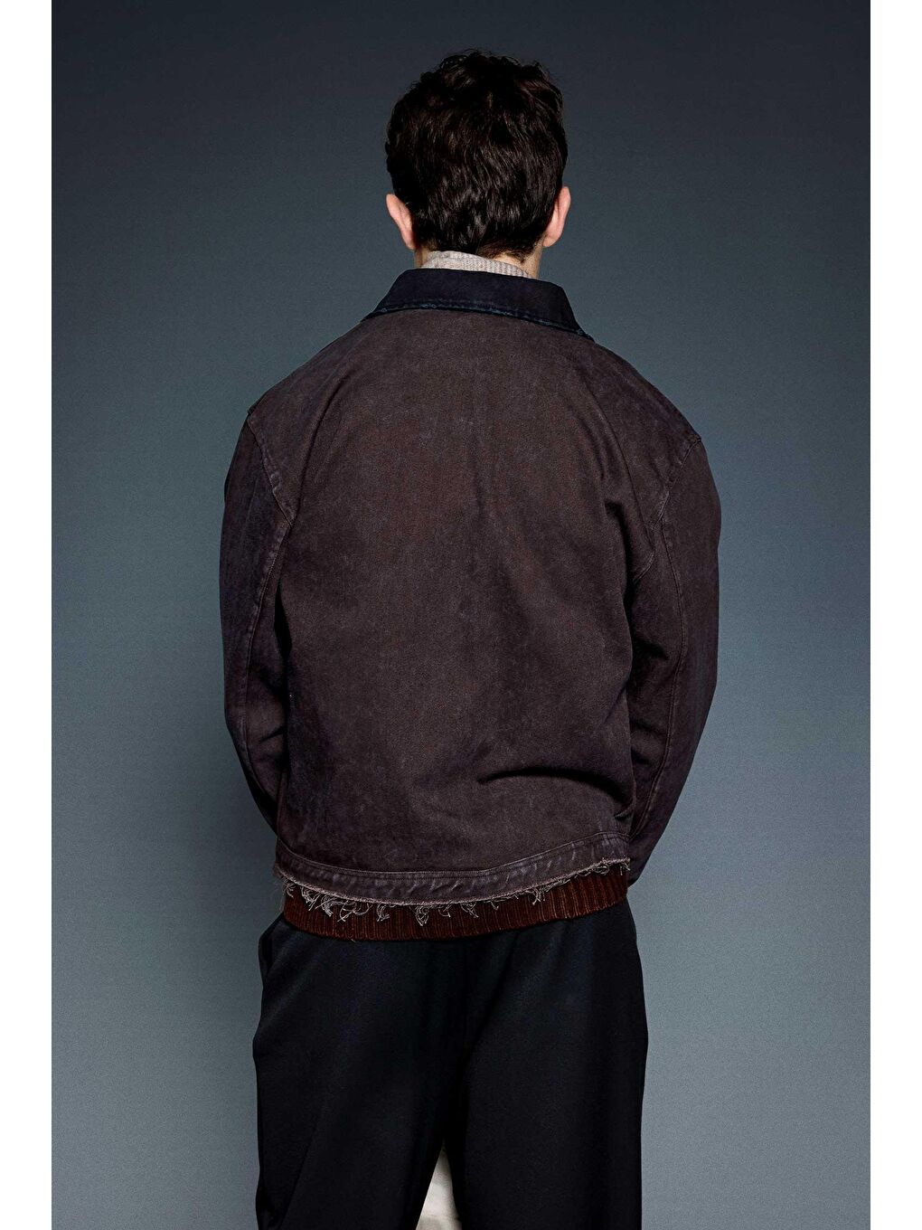 Erkek Kontrast Yaka Yıkamalı Relax Fit Ceket Kahverengi-5