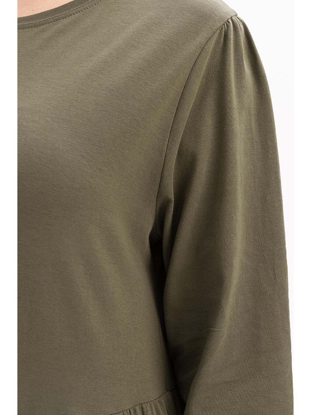 Haki Pamuklu Fırfırlı Cepli Elastanlı Penye Elbise-3