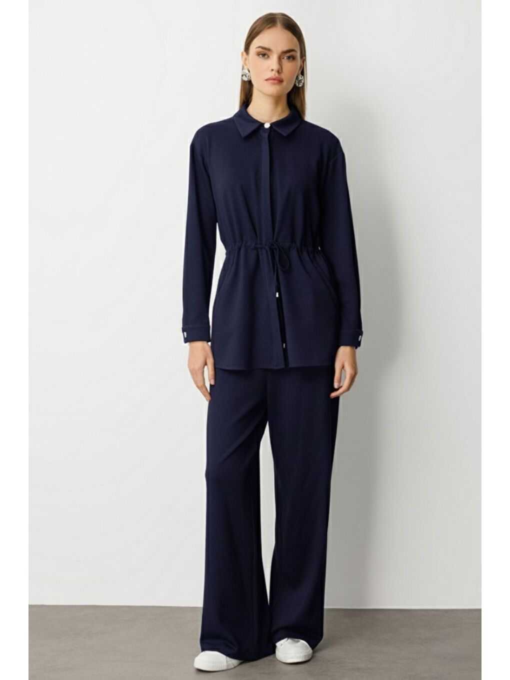 İndigo Mavi Beli İp Büzgülü Yumuşak Dokulu İndigo Tunik