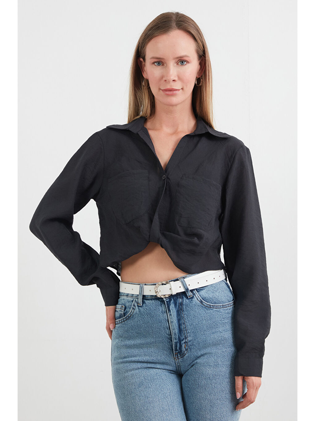 Antrasit Önü Düğümlü Cepli Crop Gömlek-2