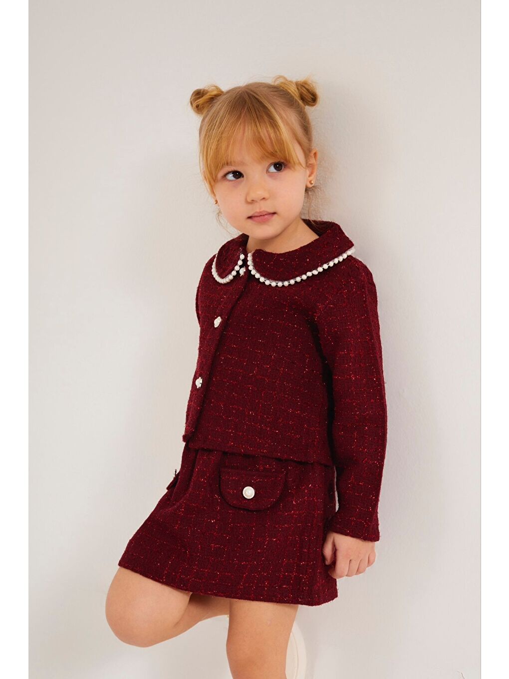 Kırmızı Kız Çocuk Bayramlık İnci Detaylı Ceket & Etek Takım 12477-3