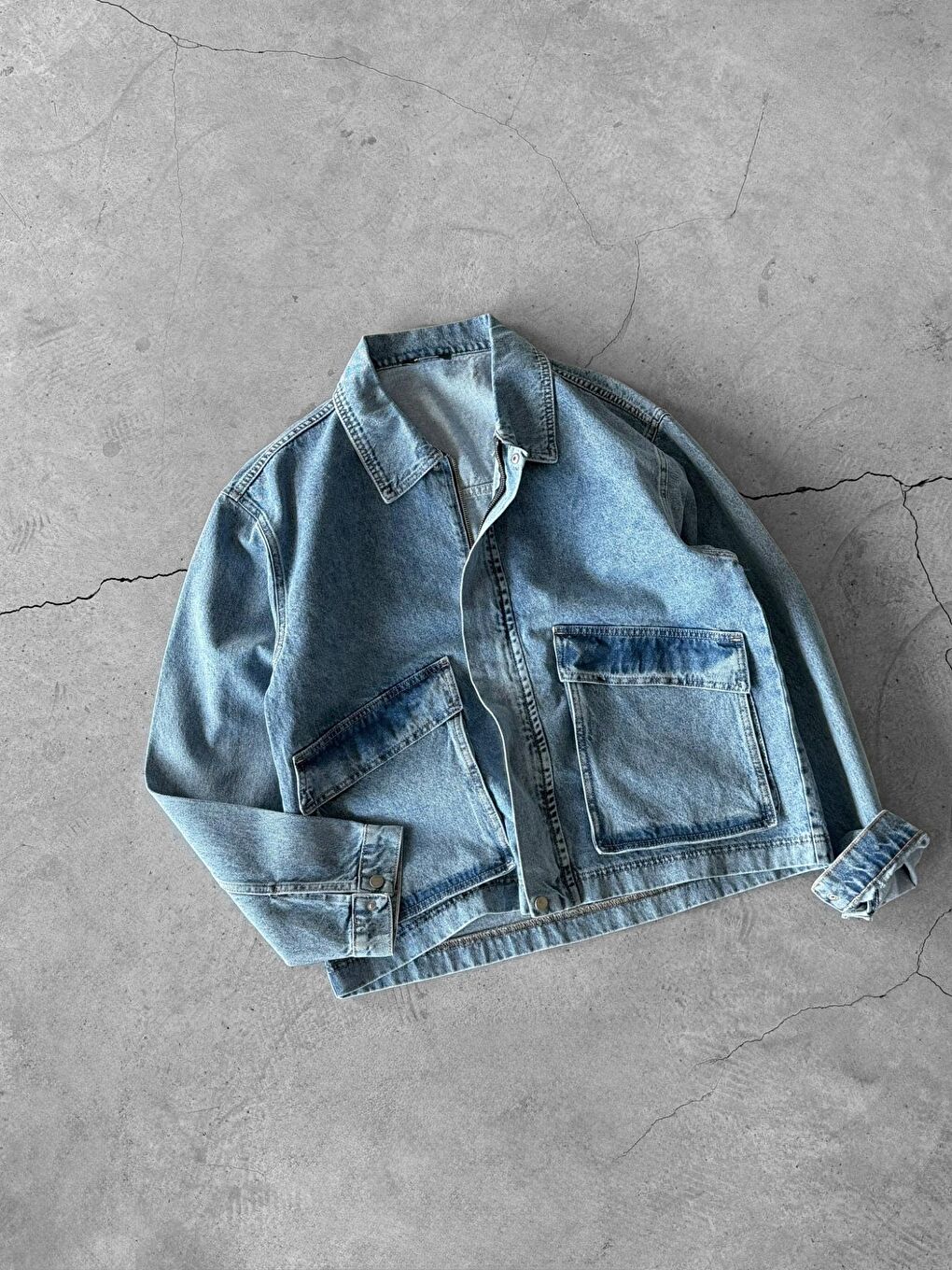Erkek Oversize Cepli Denim Ceket Mavi-5