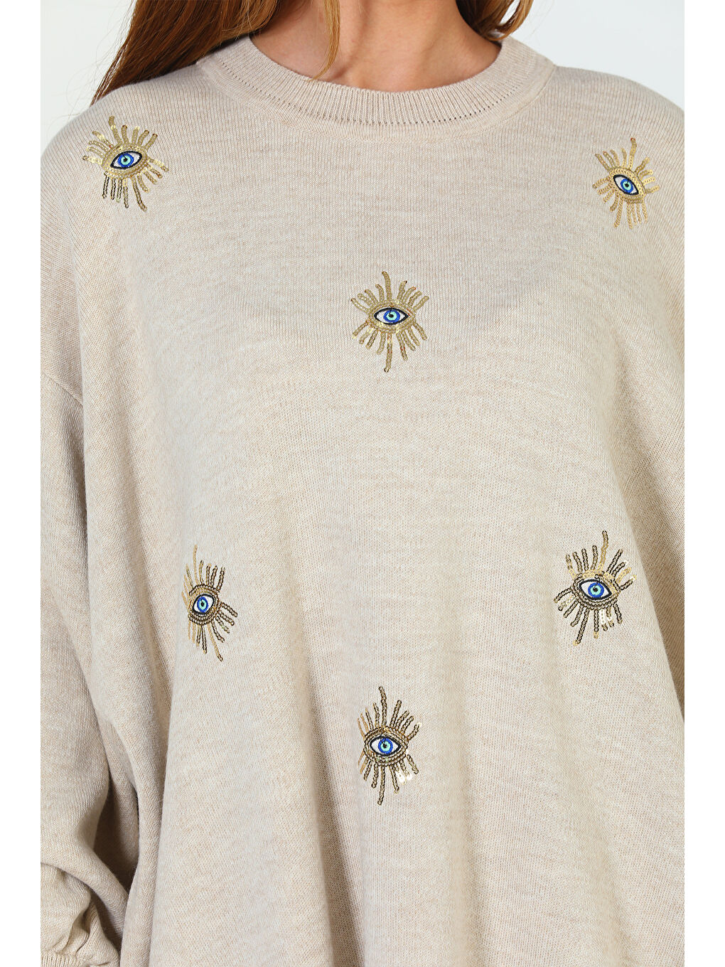 Bej Kadın Bisiklet Yaka Nakışlı Salaş Triko Kazak-6