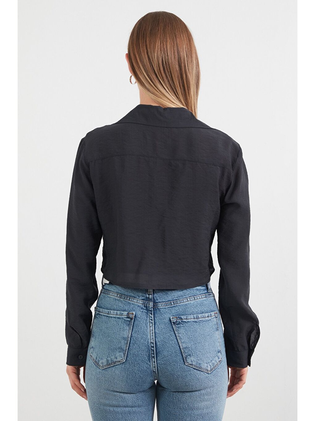 Antrasit Önü Düğümlü Cepli Crop Gömlek-3
