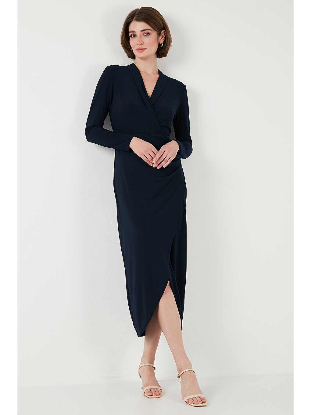 Lacivert Kruvaze Yaka Yırtmaçlı Drape Detaylı Midi Kadın Elbise 611El1769-4