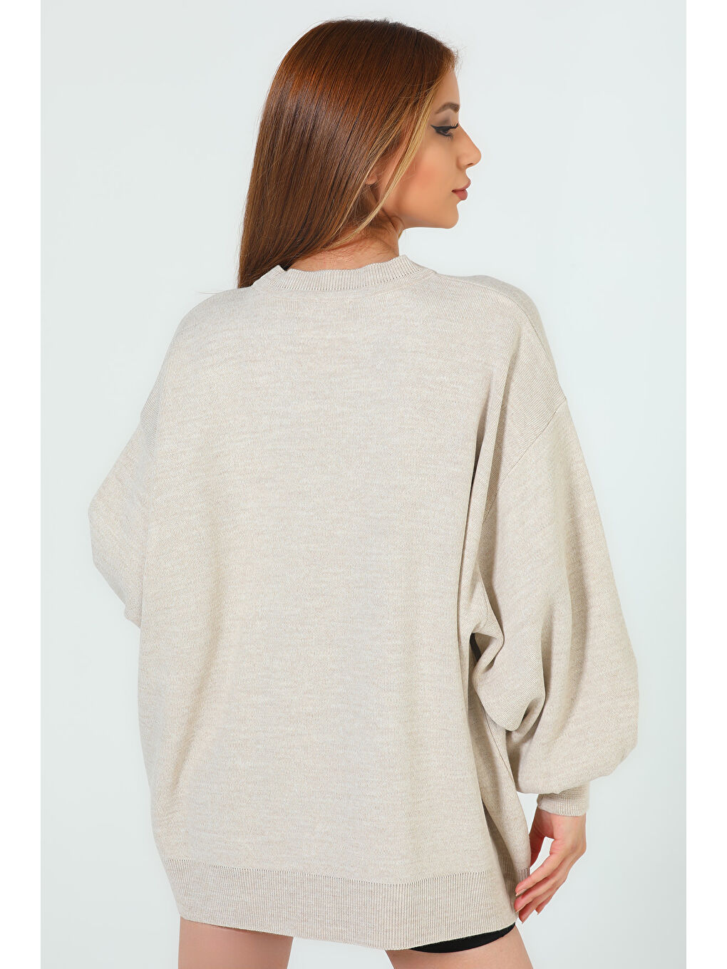 Bej Kadın Bisiklet Yaka Nakışlı Salaş Triko Kazak-7