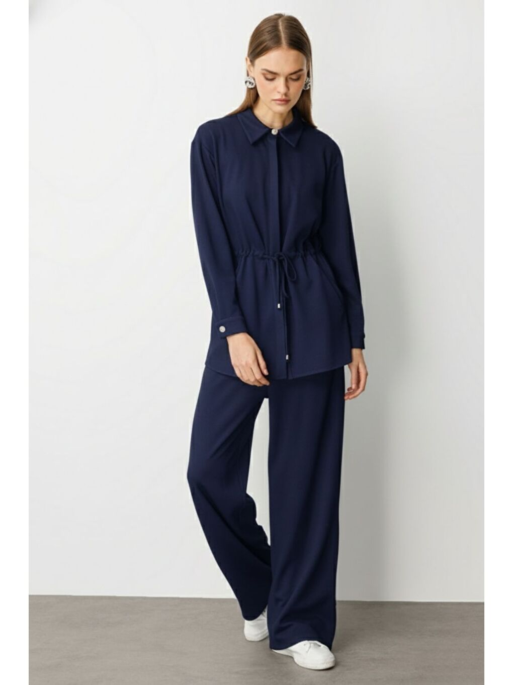 İndigo Mavi Beli İp Büzgülü Yumuşak Dokulu İndigo Tunik-1