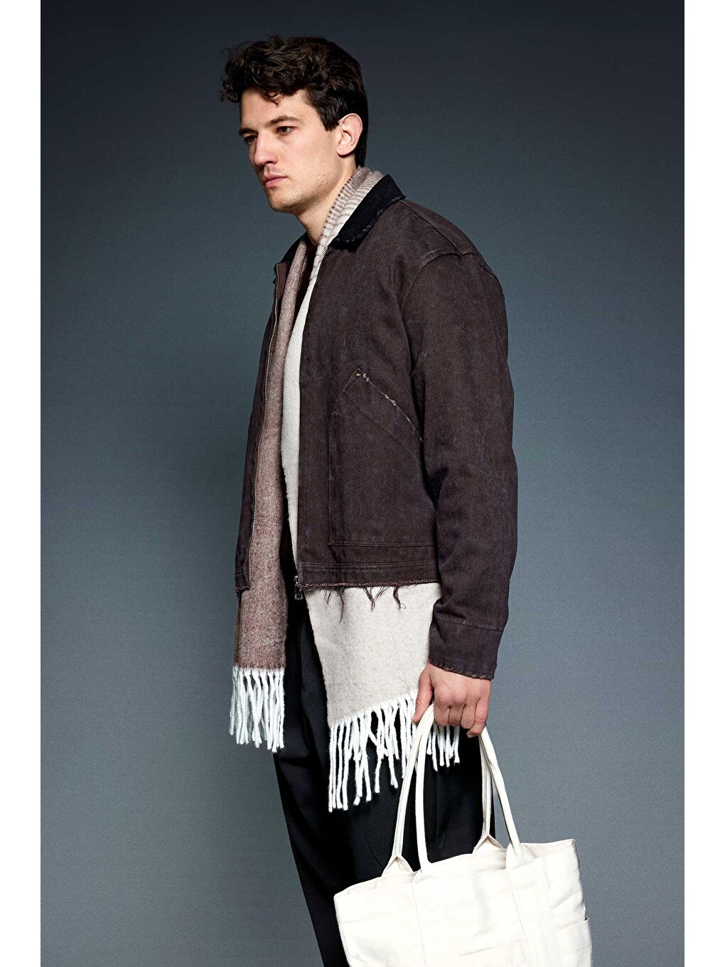 Erkek Kontrast Yaka Yıkamalı Relax Fit Ceket Kahverengi-6