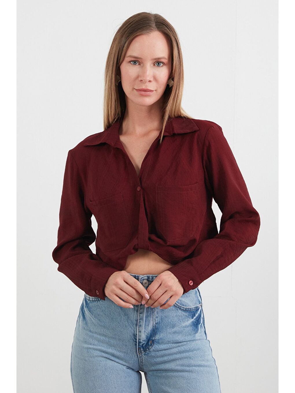 Bordo Önü Düğümlü Cepli Crop Gömlek