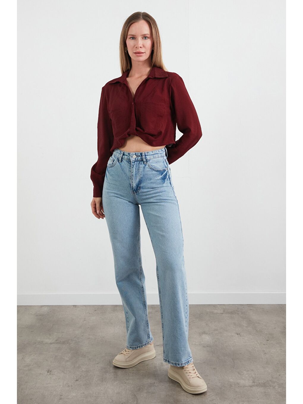 Bordo Önü Düğümlü Cepli Crop Gömlek-1