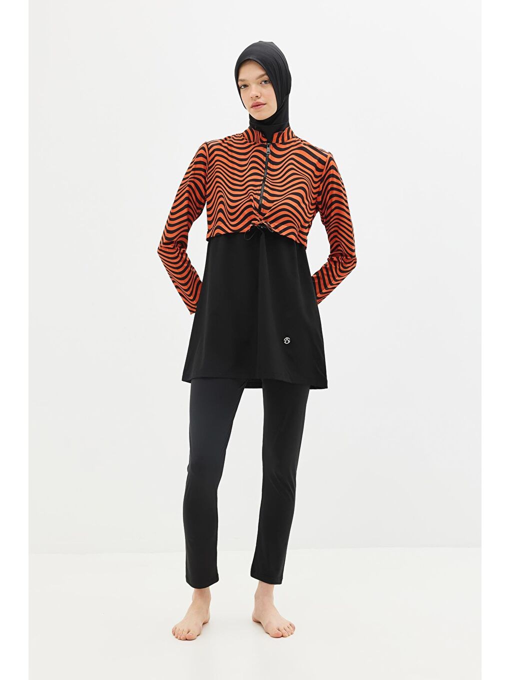Kahverengi Desenli Belden Büzgülü 4'Lü Tesettür Mayo 6220 Kiremit/Siyah-3