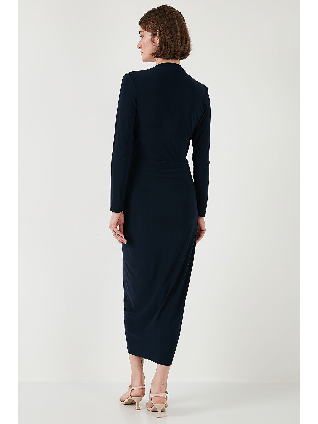 Lacivert Kruvaze Yaka Yırtmaçlı Drape Detaylı Midi Kadın Elbise 611El1769-6